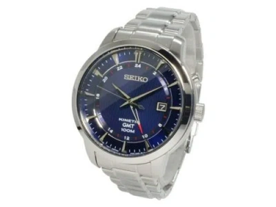 Pre-owned Seiko Kinetic Gmt Sun031p1 Men Watch Blue Dial 100m Stainless Steel Date