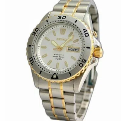 Pre-owned Seiko Kinetic Skj170p1 Day Date Watch 200m White Gold Silver Tone Steel 5m43