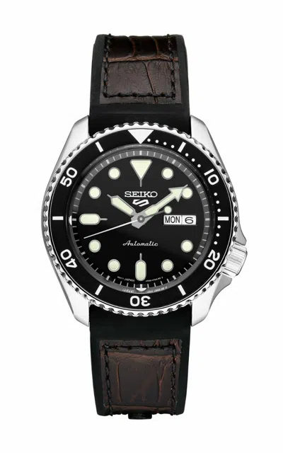 Pre-owned Seiko Men's 5 Automatic Black Dial Brown Leather Strap Watch Srpe21