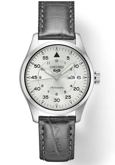 Pre-owned Seiko Men's 5 Automatic Field Aviator Silver Dial Gray Leather Watch Srpj87
