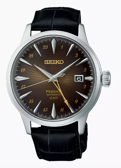 Pre-owned Seiko Men's Presage Gmt Brown Dial Cocktail Time Leather Band Watch Ssk039