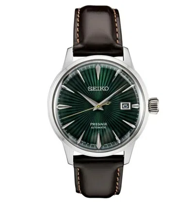 Pre-owned Seiko Men's Presage Green Dial Brown Leather Strap Watch - Srpd37