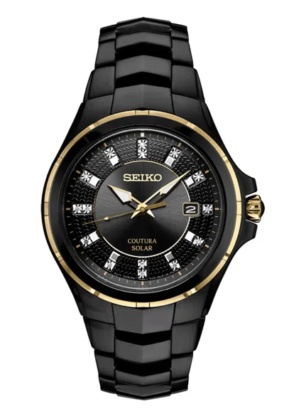 Pre-owned Seiko Men's Solar Coutura Diamond Black Pvd Steel Bracelet Watch Sne506