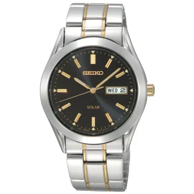 Pre-owned Seiko Men's Solar Sne047 Dress Stainless Steel Two-tone Black Dial Watch
