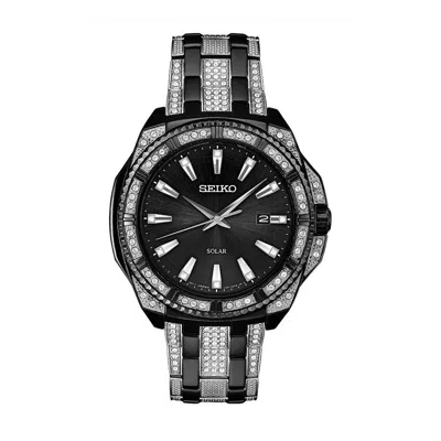 Pre-owned Seiko Men's Solar Swarovski Crystal Black Stainless Black Dial Date Watch Sne459
