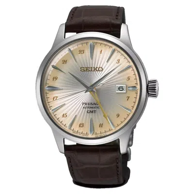 Pre-owned Seiko Mens Presage Gmt Cream Dial Cocktail Time Brown Leather Band Watch Ssk041