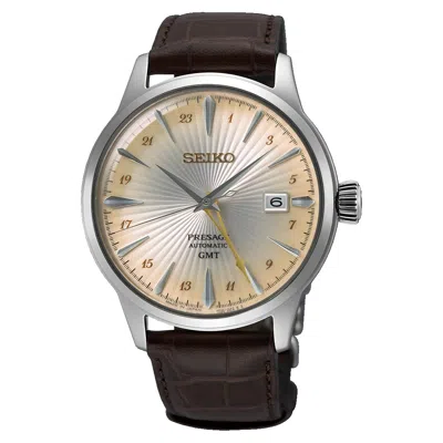 Pre-owned Seiko Presage Gmt 40.5mm Cream Dial Leather Strap Watch Ssk041