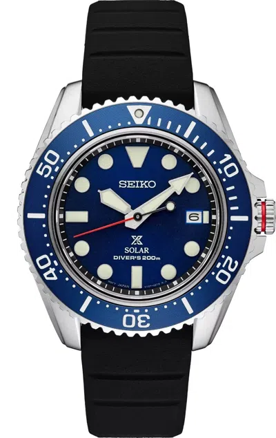 Pre-owned Seiko Prospex Solar Diver's Blue Dial Black Rubber Watch Sne593