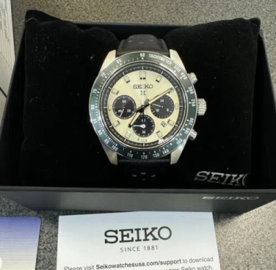 Pre-owned Seiko Prospex Speedtimer Solar Leather Band Cream Dial Watch Ssc943