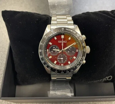 Pre-owned Seiko Prospex Speedtimer Solar Steel Bracelet Red Dial Watch - Ssc927