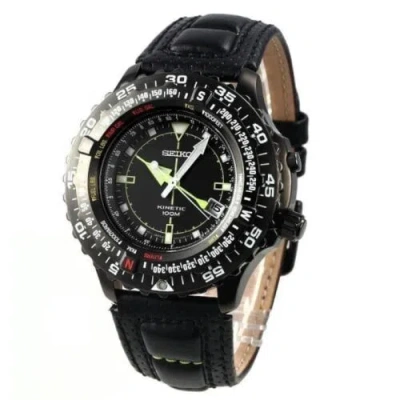 Pre-owned Seiko Ska425p1 Kinetic Full Black Flighmaster Pilot Men Leather Watch Ska425