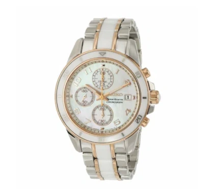 Pre-owned Seiko Sndx54 Two Tone Rose Gold Pearl Dial Women's Ceramic Chronograph Watch