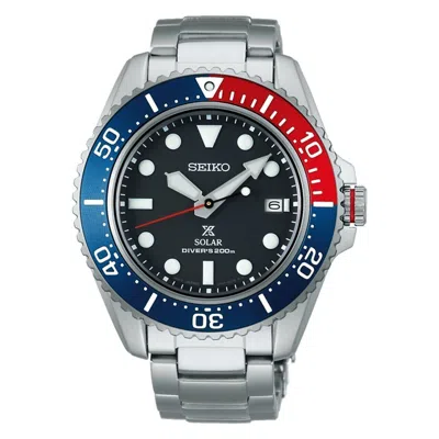 Pre-owned Seiko Solar Diver Black Dial Pepsi Steel Bracelet Men's Watch Sne591