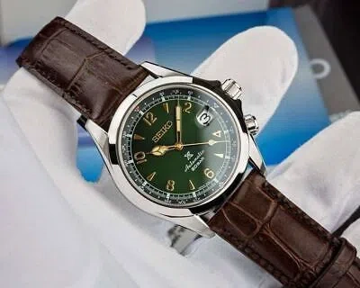 Pre-owned Seiko Spb121j1 Prospex Alpinist Green Analog Automatic Brown Leather Men's Watch