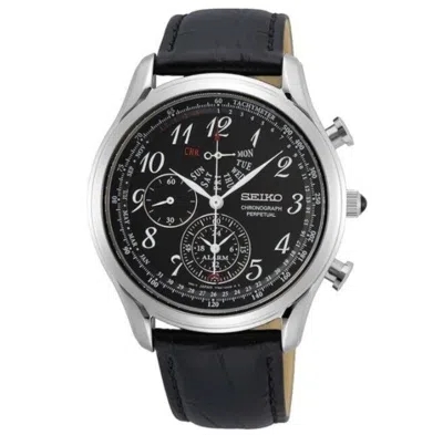 Pre-owned Seiko Spc255p1 Chronograph Perpetual Quartz Watch Blacktachymeter Alarm Leather