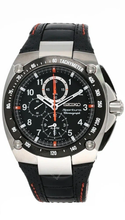 Pre-owned Seiko Sportura Alarm Chronograph Black Dial Leather Strap Snad59