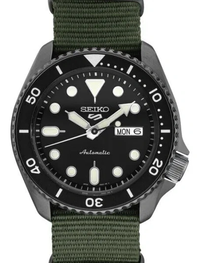 Pre-owned Seiko Srpd91p9 5 Sport Black Ion / Green Nylon Strap (fedex 2 Day Ship)