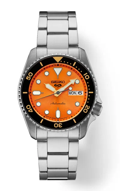 Pre-owned Seiko Srpk35 Stainless Steel 38 Mm Orange Dial Day Date Auto Men's Watch