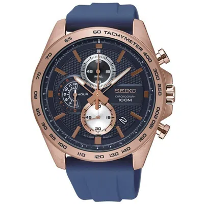Pre-owned Seiko Ssb290p1 Chronograph Quartz Watch Rosegold Blue Rubber 8t67 Date 100m