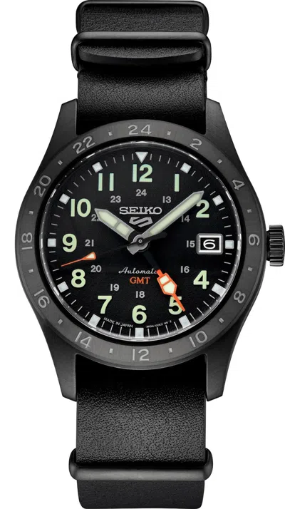 Pre-owned Seiko Ssk025 5 Sports Field Gmt 39mm Watch Black Dial And Leather Band