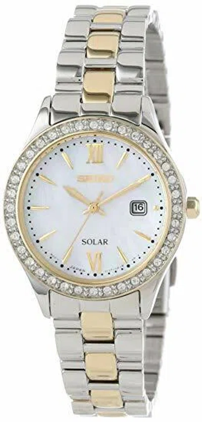 Pre-owned Seiko Sut074 Women's Solar Mother Of Pearl Two-tone Stainless Steel Date Watch
