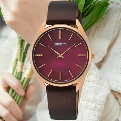 Pre-owned Seiko Swr082p1 Classic Maroon Dial Analog Brown Leather Quartz Ladies Watch
