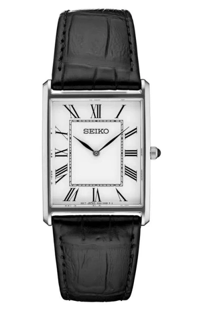 Seiko Watches Essentials Tank Leather Strap Watch, 28.4mm X 36.5mm In Black