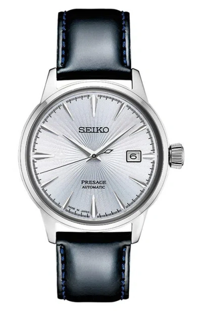 Seiko Watches Presage Automatic Leather Strap Watch, 40.5mm In Blue