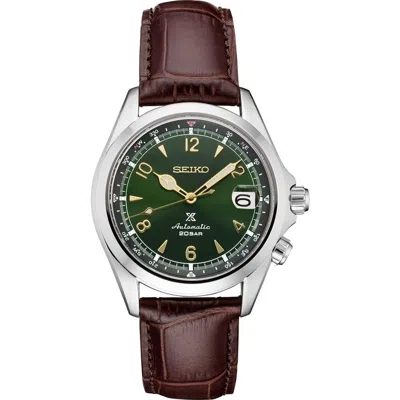 Seiko Watches Prospex Land Luxe Alpinist Automatic Croc Embossed Leather Strap Watch, 39.5mm In Brown