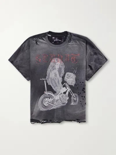Sekrit Chopper Girl Distressed Printed Cotton-jersey T-shirt In Multi