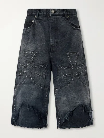 Sekrit Chopper Studded Distressed Denim Shorts In Multi