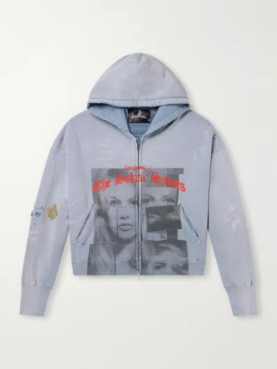 Sekrit Compliments Distressed Appliquéd Printed Cotton-jersey Sweater In Blue