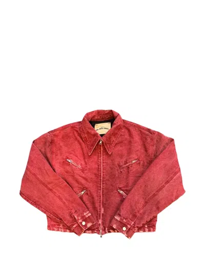 Sekrit Distressed Zip-up Denim Jacket In Red