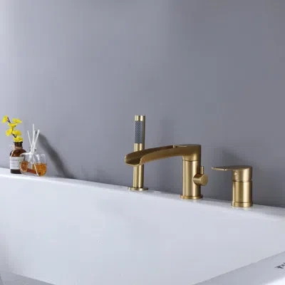 Selected 3 Hole Deck Mounted Single Lever Waterfall Bathtub Faucet With Pull-out Handheld Shower  Head And Ce In Brushed Gold