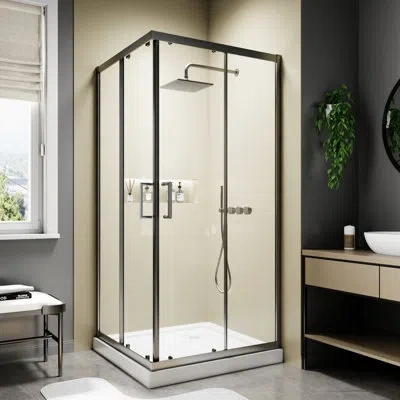 Selected 36" W X 71" H Double Sliding Shower Door, Tempered Clear Glass Shower Door With Stainless Steel Hand In Matte Black