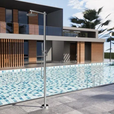 Selected 86.61"h Temperature Control 316 Stainless Steel Freestanding Outdoor Shower With Hand Shower In Brusahed Nickel