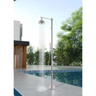 Selected 86"h Dual-function 304 Stainless Steel Freestanding Outdoor Shower With Hand Shower, Shelf And Hook  In Silver