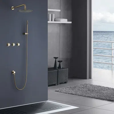 Selected Brushed Gold Shower System For Bathroom With 3 Handles，10-inch Round Rain & Handheld Shower With Hea