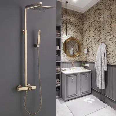 Selected Brushed Gold Thermostatic Bathroom Shower System With Rough-in Valve In Animal Print