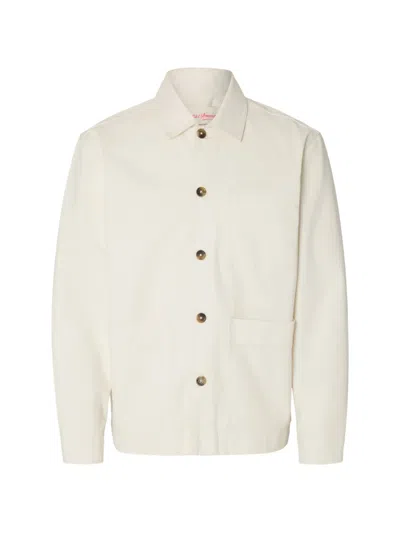 Selected Buttoned Graphic-print Overshirt In White