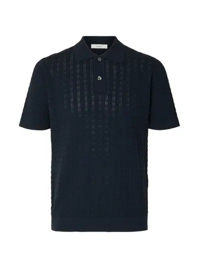 Selected Cable-knit Polo Shirt In Blue