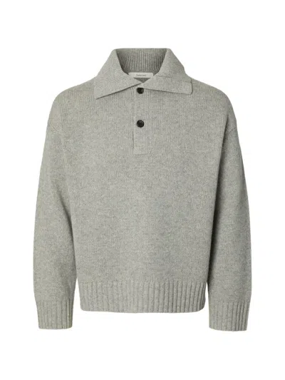 Selected Cody Rib-trimmed Polo-collar Sweater In Gray
