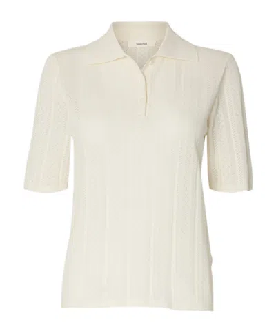 Selected Cotton Knitted Polo Shirt In White