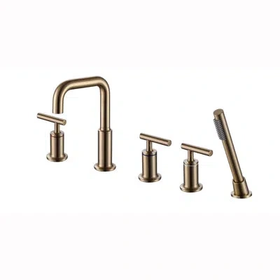 Selected Double Handle Deck Mounted Roman Tub Faucet With Pull-out Handheld Shower In Brushed Gold