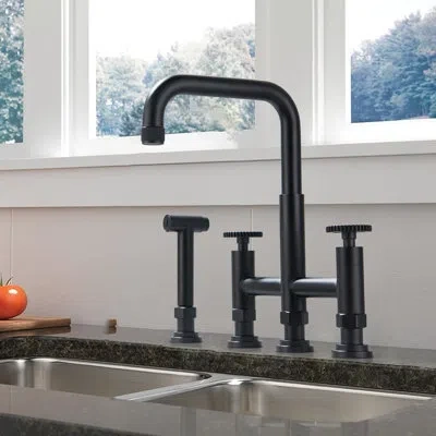 Selected Double Handle Kitchen Faucet With Side Spray In Matte Black