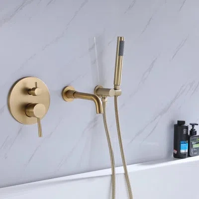 Selected Double Handles Wall Mounted Tub Faucet With  Hand Shower In Brushed Gold
