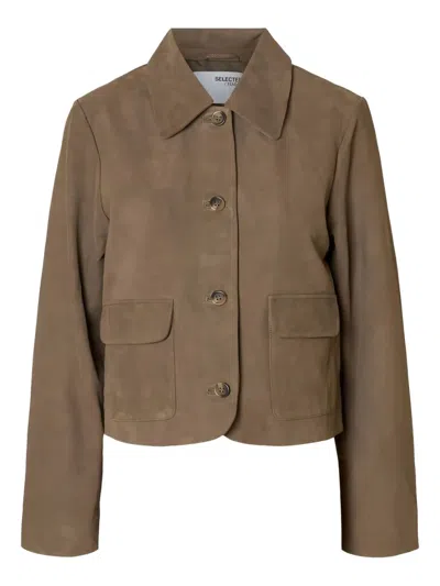 Selected Femme Button-fastening Leather Jacket In Brown