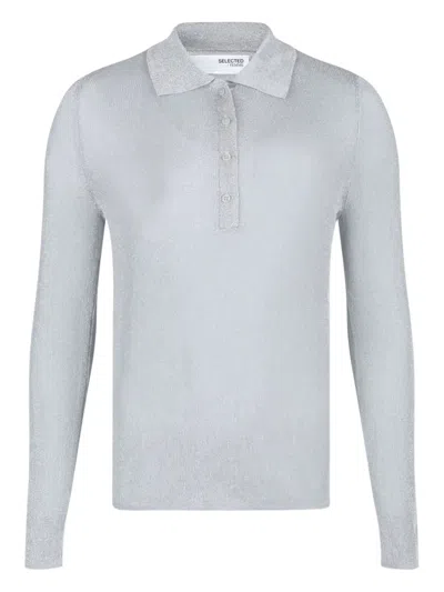 Selected Femme Metallic Polo Top In Gray