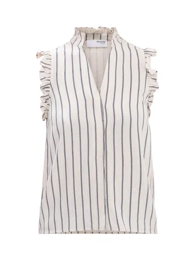 Selected Femme Ruffle Striped Sun Top Sandshell