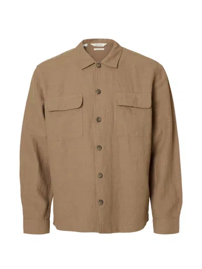 Selected Flap-pocket Buttoned Overshirt In Brown